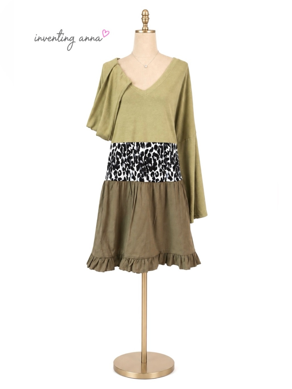 MISSLOOK Olive Leopard Tiered Ruffle Tunic Dress Long Sleeve size M
